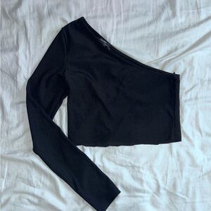 Bershka One Shoulder Long Sleeve Black Crop Top